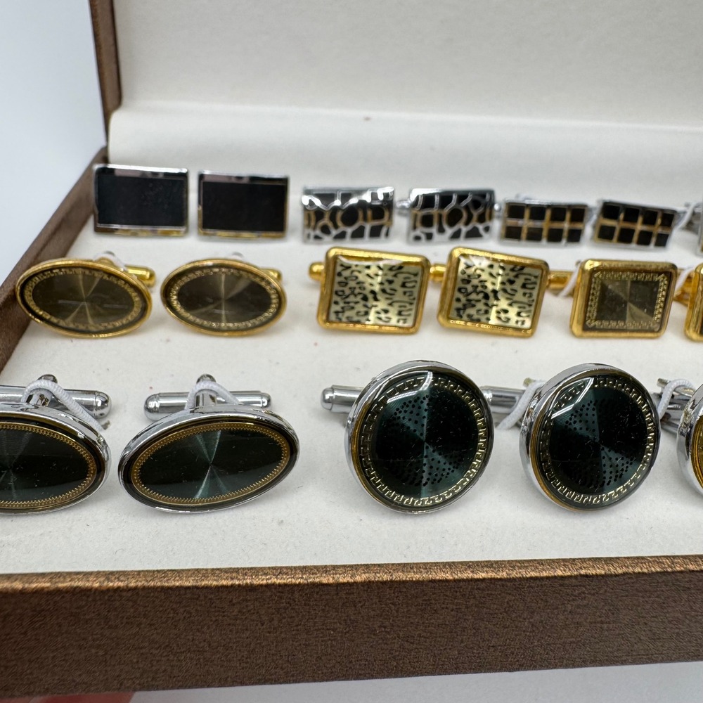 Vintage Mens Cufflinks Set 12 Pairs Geometric Animal Print Gold Silver Tone Box